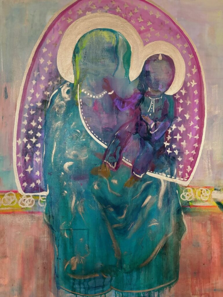 Madonna mit Jesuskind in Rosa 100x80 Pigment, Bronze