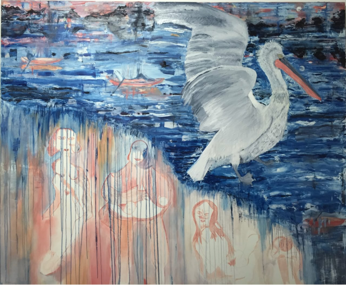 Großer Pelikan über einer blauen Wasserlandschaft mit Booten und Figuren